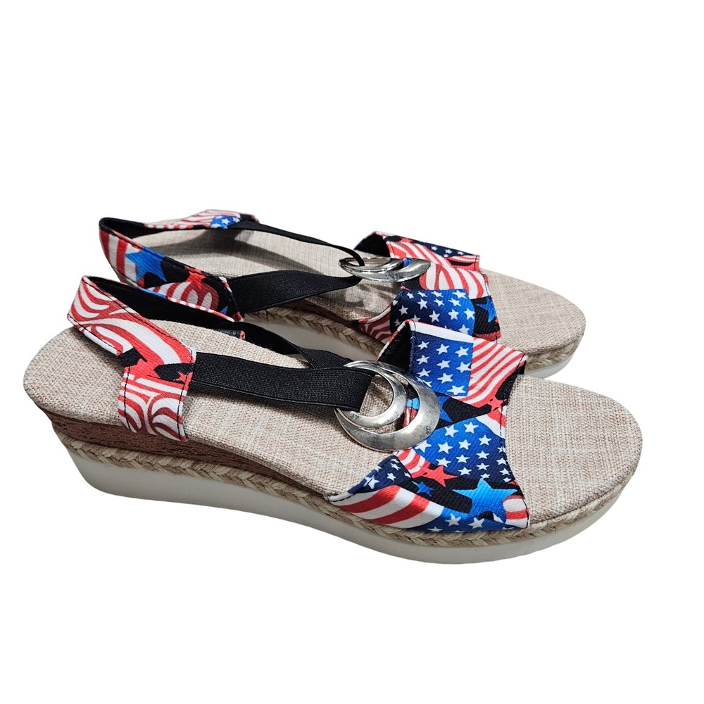 Hola‎ Camel Wedge Sandals Womens 40 Red White Blue American Flag Patriotic Stars